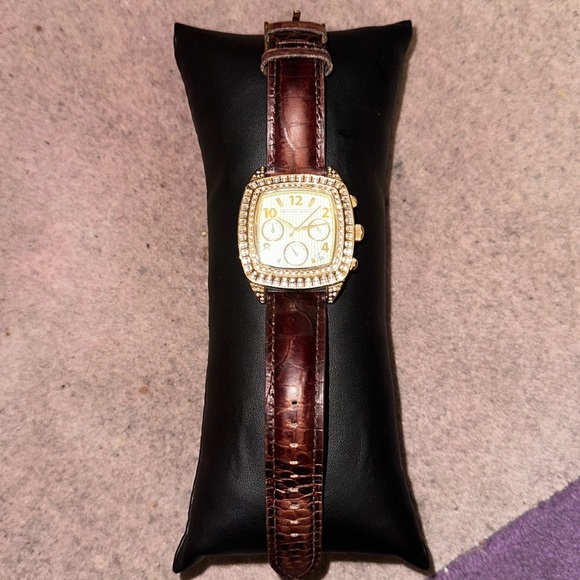 Michael Kors MK 5106 Gold Bling Watch with Genuine Leather Brown Band - Picture 3 of 12